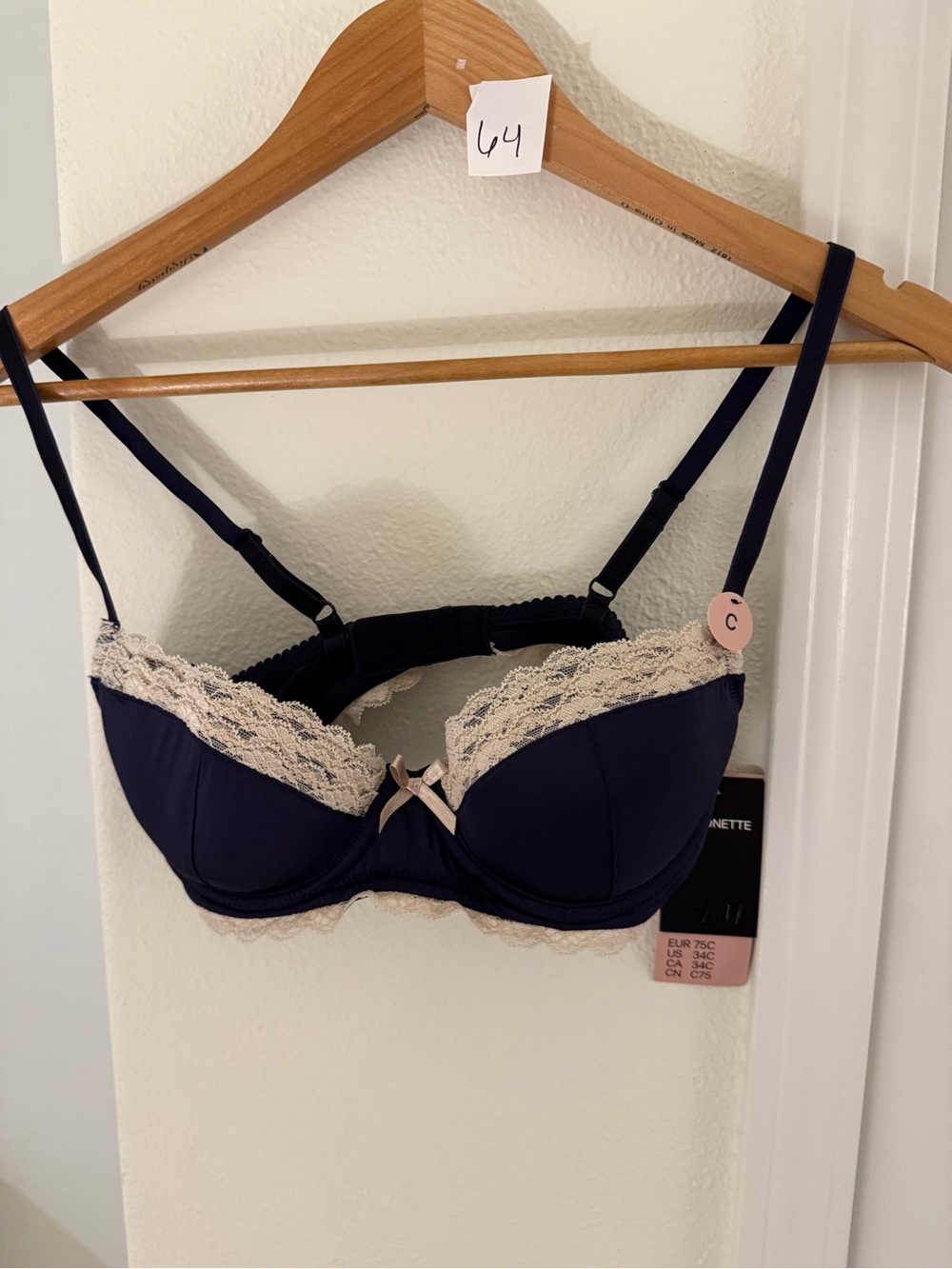 H&M Navy Underwire Bra with Cream Lace Trim 34C